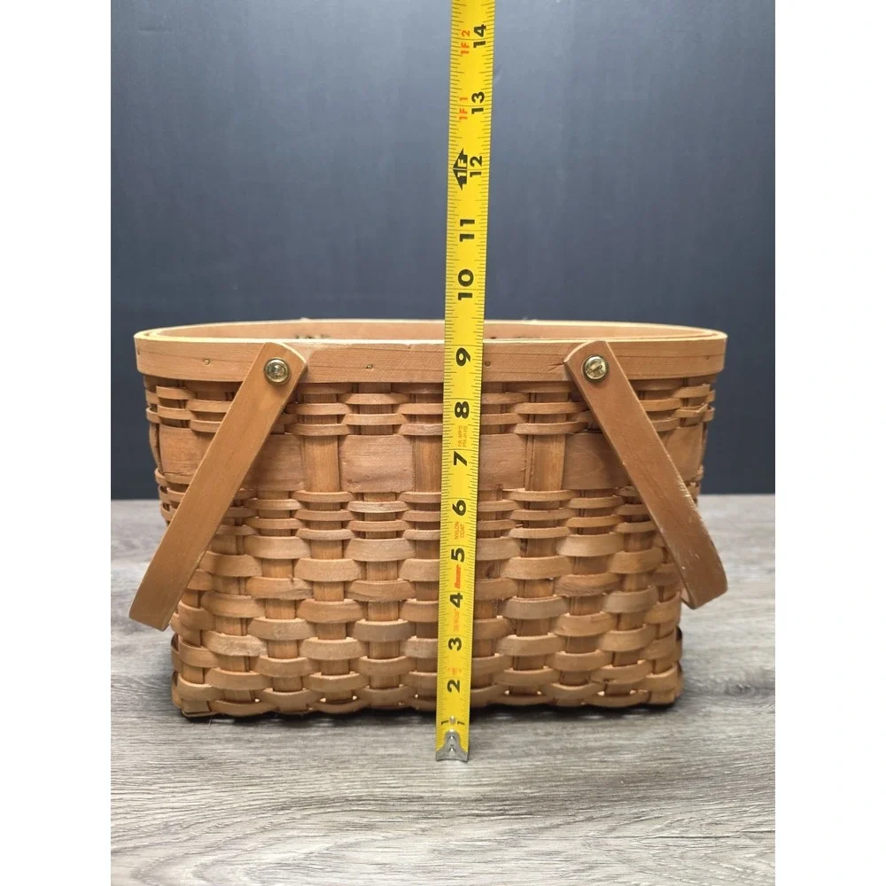 Vintage Double Handled Light Brown Wooden Basket 13.5x9x7 Rustic Home Decor